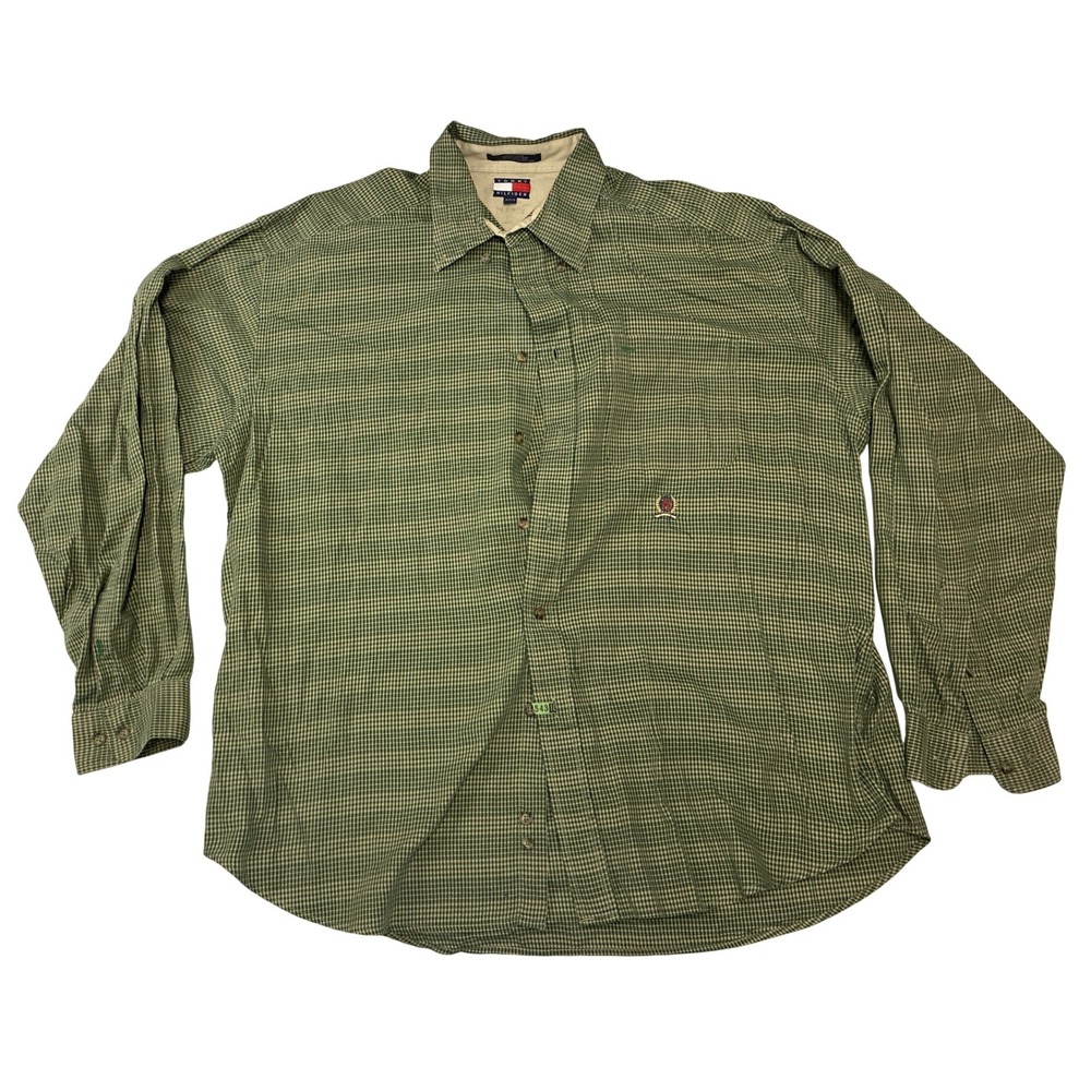 Tommy Hilfiger Mens XL Green Checkered Long Sleeve Button Down Shirt‎ Crest Logo